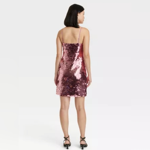 NWT Pink Paillette Shift Mini Dress Sequined Speghtti Straps - Picture 2 of 7
